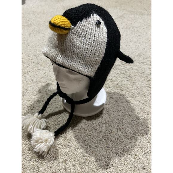 Youth Penguin Knit WOOL HAT from Nepal Fleece Lined EAR FLAPS Black Winter H25 - Picture 8 of 9